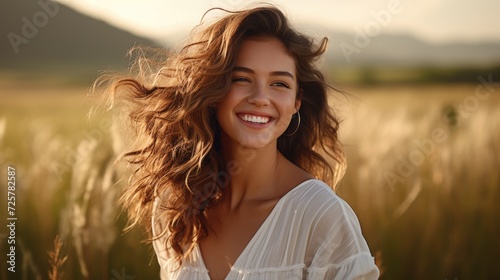 young woman laughing with light hair in the field, in the style of golden hues, wavy, beach portraits photo
