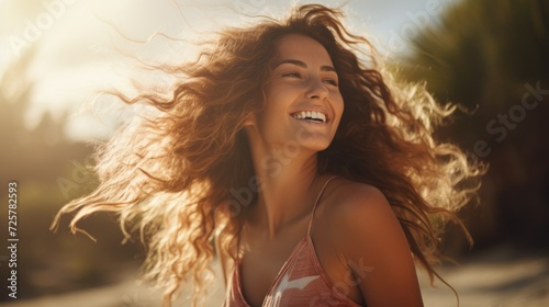 young woman laughing with light hair in the field, in the style of golden hues, wavy, beach portraits © Ivy