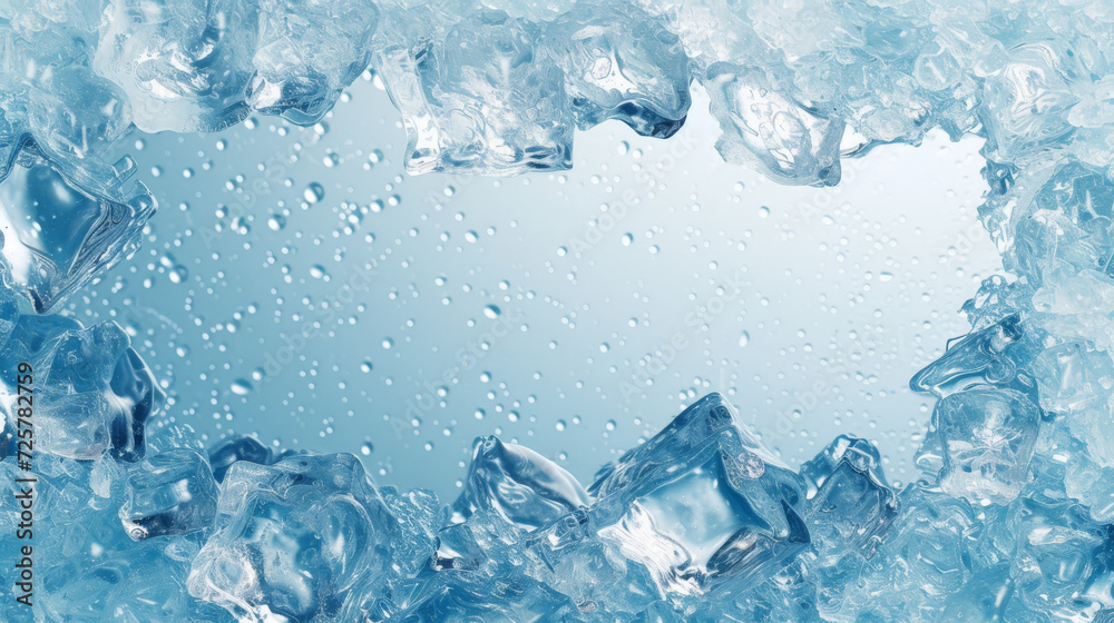 Ice cubes forming a melting frame with a clear blue center. Ice cubes forming a melting frame with a clear blue center.