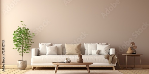 Minimalist living room decor template with white sofa, glass coffee table, beige wall, and personal accessories.