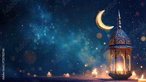 a lantern and crescent moon in luxurious style, evoking the spirit of Ramadan Kareem, Mawlid, and Iftar celebrations, with ample copy space for personalized messages or event details. photo