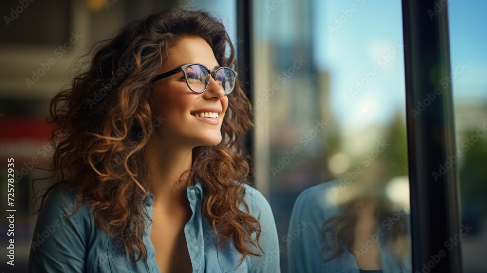 smiling woman in glasses is smiling by window, in the style of clear edge definition, future tech
