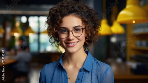 smiling woman in glasses is smiling by window, in the style of clear edge definition, future tech photo