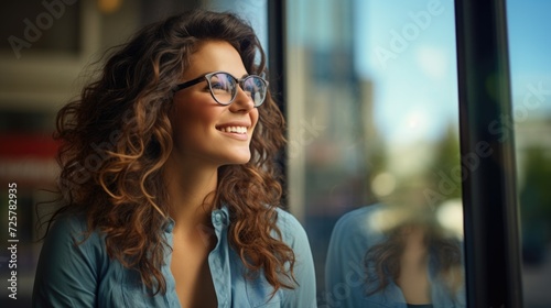 smiling woman in glasses is smiling by window, in the style of clear edge definition, future tech photo