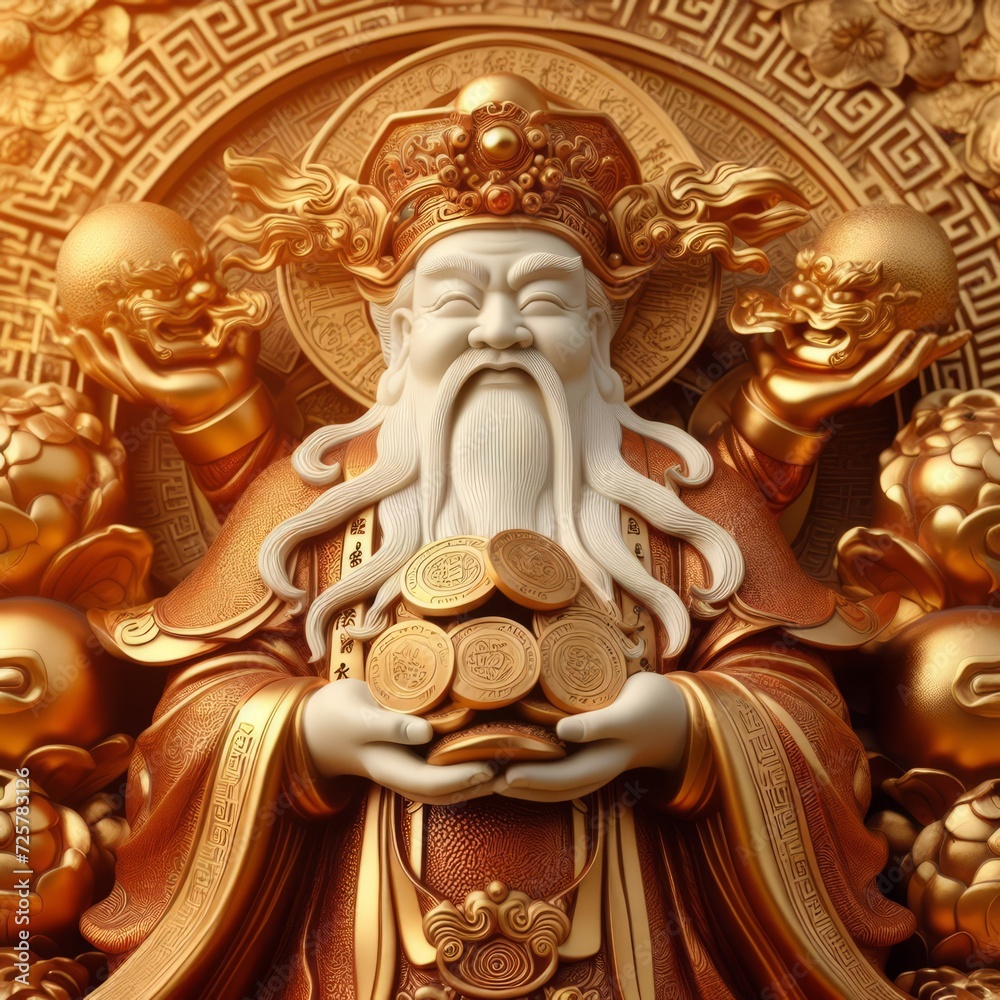 Obraz premium Chinese God of wealth with gold ingots. 3D illustration.