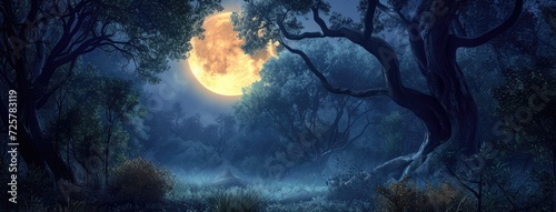 a full moon shining brightly amidst the dark woods, offering a captivating view of the fantasy forest panorama under the moonlit sky.