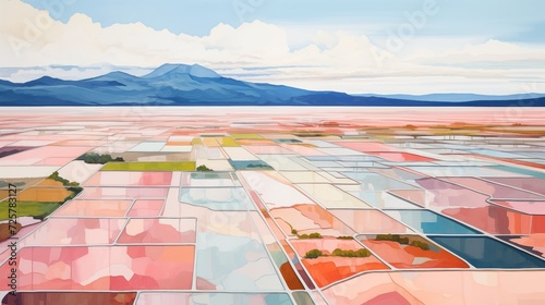  High-altitude perspectives showcasing geometric salt ponds and vibrant colors in a coastal landscape