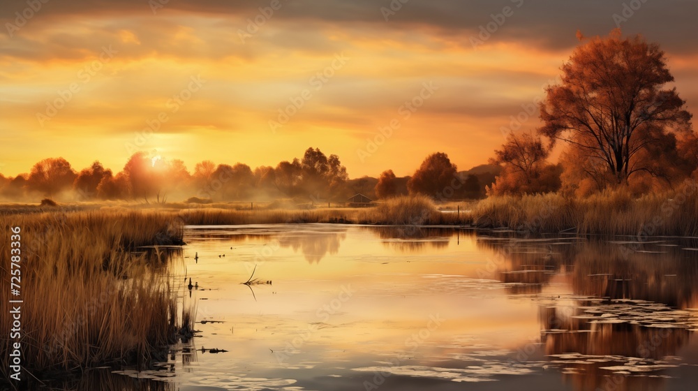 Golden hues reflected in calm wetlands during the autumn season, creating a serene and picturesque landscape