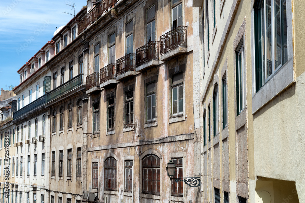 Facade of buildings with Portuguese architecture in Lisbon