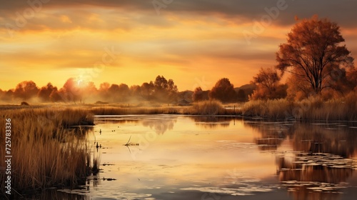 Golden hues reflected in calm wetlands during the autumn season, creating a serene and picturesque landscape © Abdul