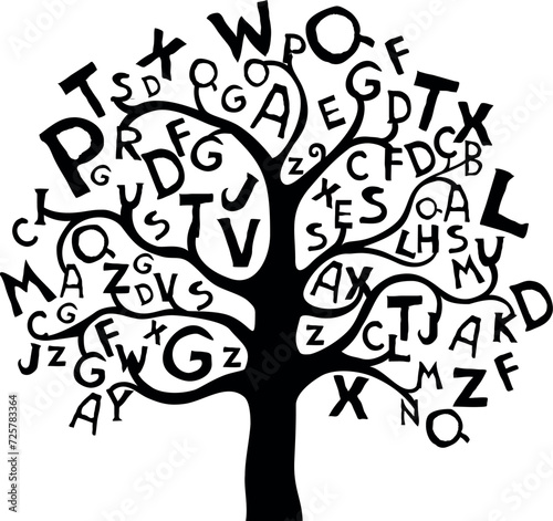 Abstract tree with black letters isolated on White background. Vector illustration