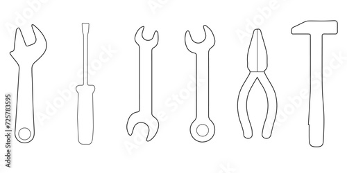set of tools. Outlines tools isolated on white background. 6 tools. png. Stock vector illustration