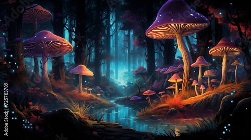  Illuminate a forest with the vivid colors of sunlit bioluminescent fungi, creating a magical and surreal scene in the heart of nature after dark