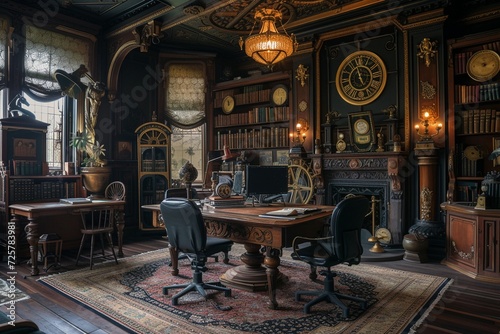 steampunk-inspired study room, with intricate gears