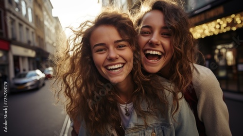 two young women showing off for their friends, wavy, close-up, city portraits