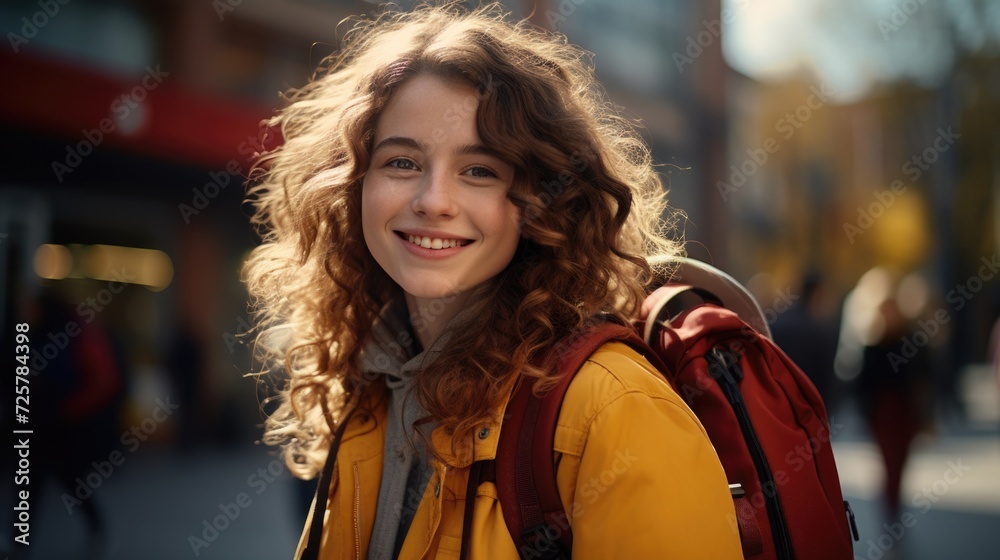 young girl in yellow blazer holding a backpack that she bought in the sun on the city street