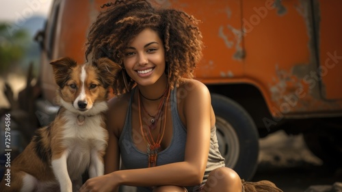 a photo of a woman camping outdoors with her dog, in the style of auto body works, light crimson and amber