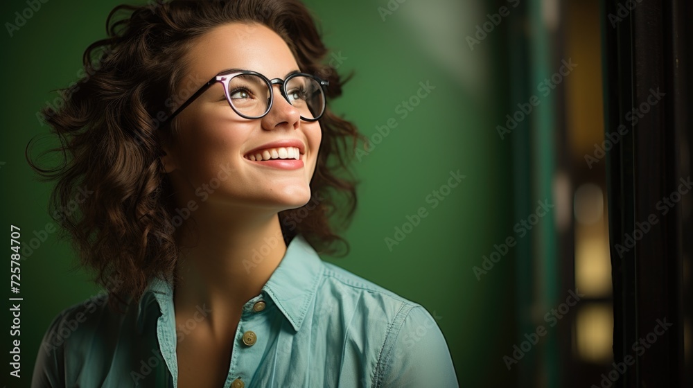 young woman wearing bright green color glasses smiling, in the style of dark indigo and light bronze young woman wearing bright green color glasses smiling, in the style of dark indigo and light bronze