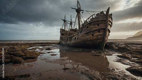 Abandoned Pirate Ship Stuck in the Mad near the Coastline 