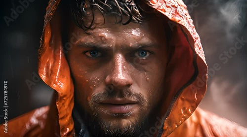 a man in a raincoat stares into the camera photo
