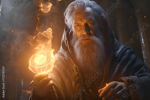 a wizard holding a glowing ball in his hand photo