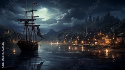  Moonlight casting reflections on the calm waters of a tranquil harbor, with boats gently bobbing in the night