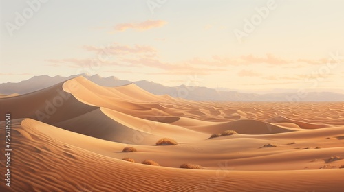  Panoramic scenes capturing the ethereal beauty of sunlit desert sand dunes during the dawn hours, with soft light illuminating the textured landscape