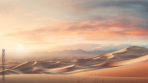 Panoramic scenes capturing the ethereal beauty of sunlit desert sand dunes during the dawn hours, with soft light illuminating the textured landscape