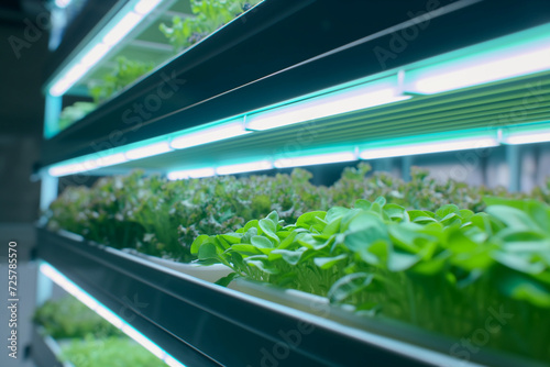 A vertical farm with layers of leafy greens under LED lights  showing alternative farming techniques in urban environments