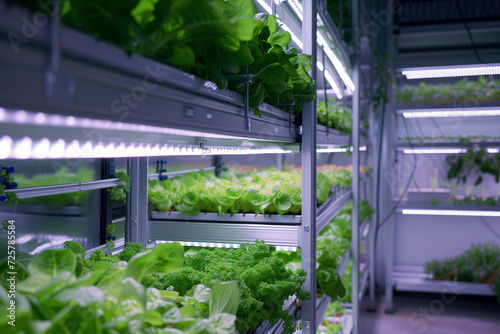A vertical farm with layers of leafy greens under LED lights, showing alternative farming techniques in urban environments