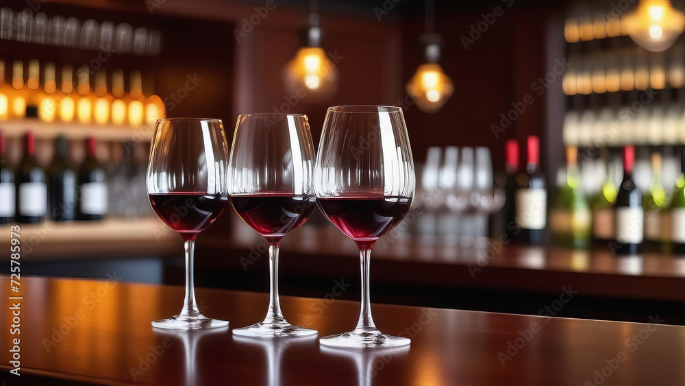 Empty wooden bar counter with wine glasses with blurred drink bottles background, bar restaurant