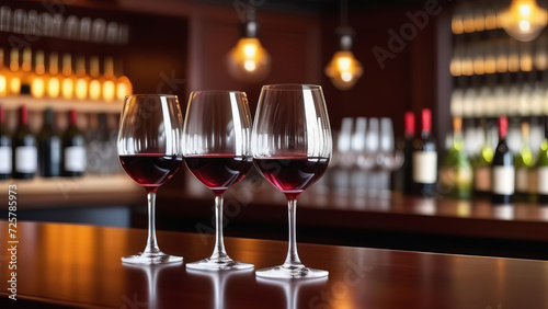 Empty wooden bar counter with wine glasses with blurred drink bottles background, bar restaurant