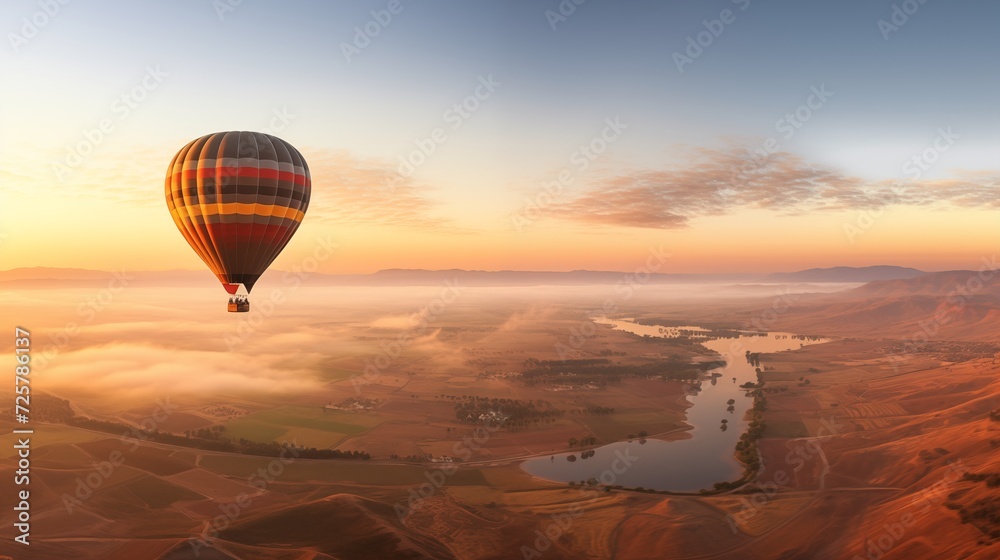 Obraz premium Panoramic views from a hot air balloon during a tranquil sunrise, showcasing the landscape below