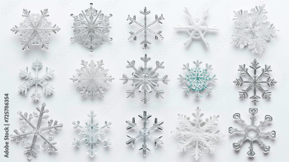 Set of different snowflakes isolated on white background. Macro photo of real snow crystals Set of different snowflakes isolated on white background. Macro photo of real snow crystals