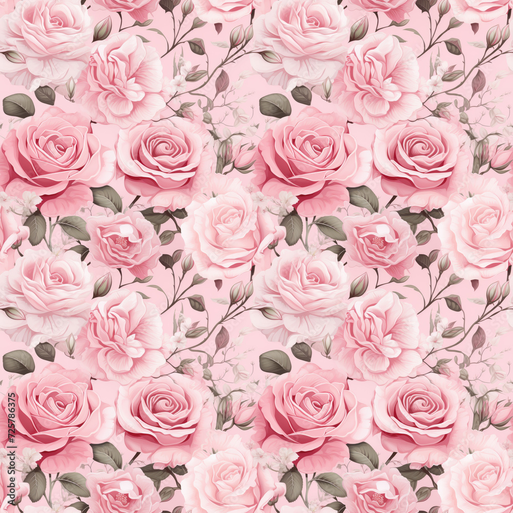 Illustrated Light Pink and White Roses on Pink Background Seamless Pattern Illustrated Light Pink and White Roses on Pink Background Seamless Pattern