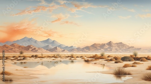 Panoramic vistas capturing the illusionary beauty of a desert mirage, where shimmering heat creates a surreal and dreamlike landscape