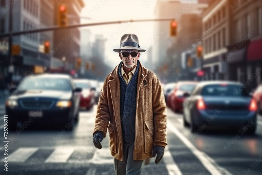 A blind man in dark glasses is walking down the city street. November 13 is the International Day of the Blind A blind man in dark glasses is walking down the city street. November 13 is the International Day of the Blind