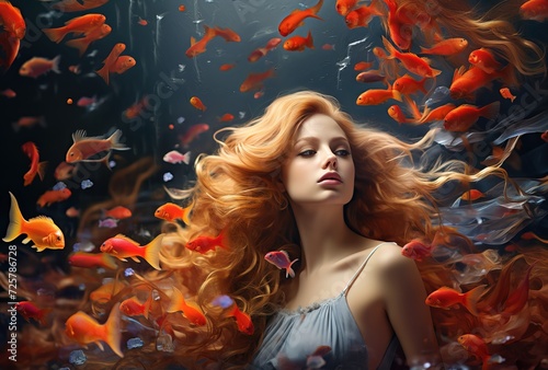 Surreal composition with a glamorous woman underwater surrounded by red and gold fish