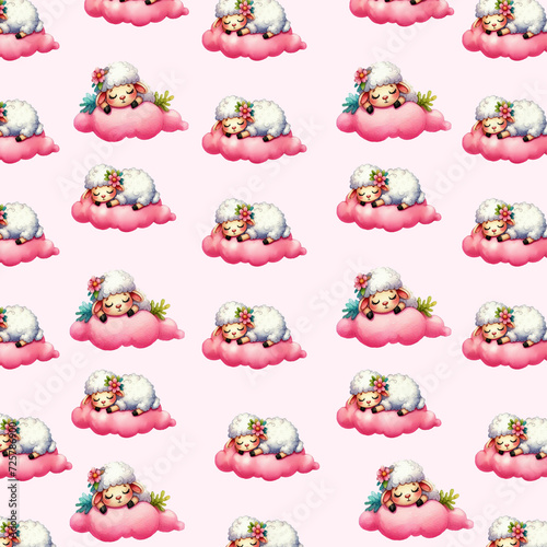 Seamless pattern with cute cartoon with a sheep on a cloud