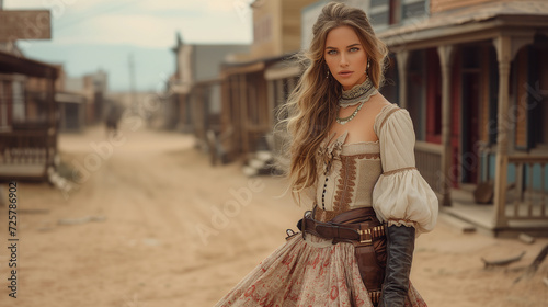 Woman of the Wild West wearing a dress in a western cowboy town Portrait of cowgirl historical desert scene