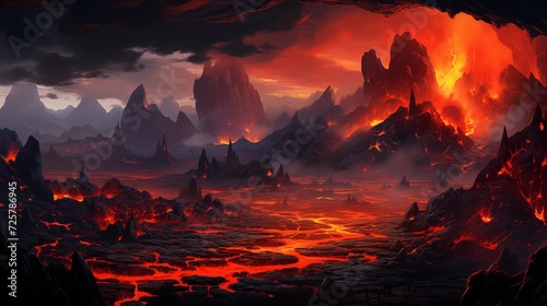  Panoramic vistas of fiery lava flows from a volcano, showcasing the raw power and intensity of Earth's volcanic landscapes
