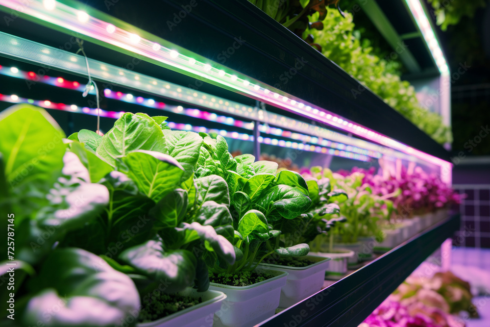 A vertical farm with layers of leafy greens under LED lights, showing ...