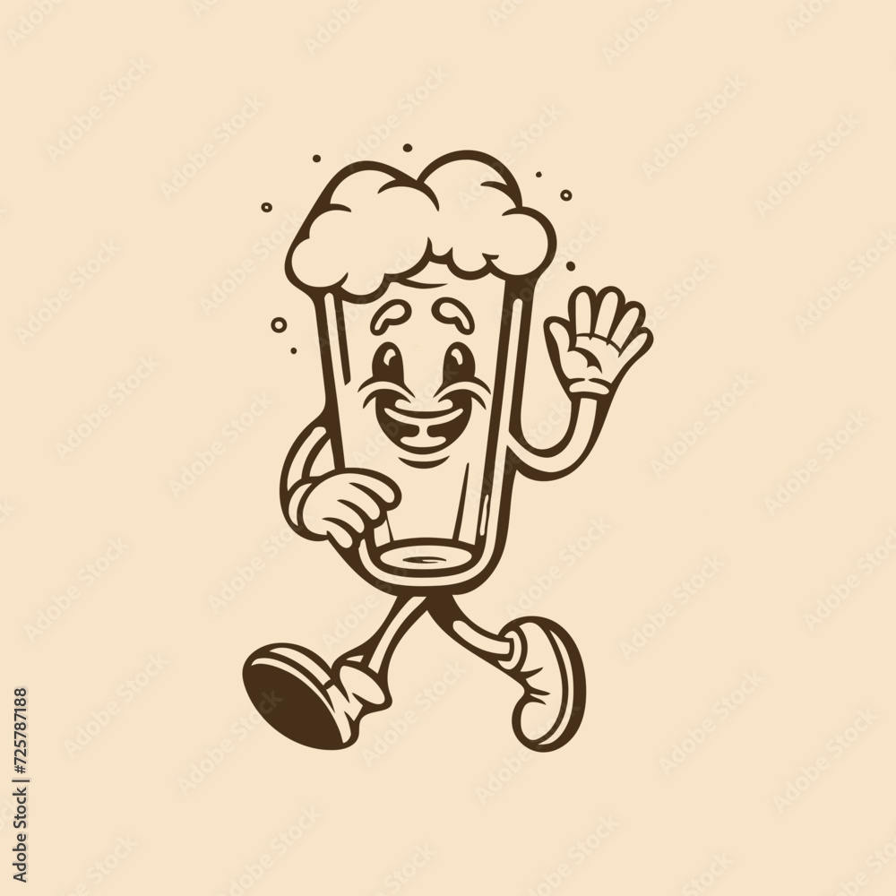 cartoon glass of beer with walking style. retro vector illustration