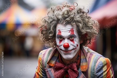 Portrait of a smiling clown on a city street