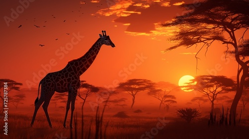 Picturesque scenes of a sunlit savanna with silhouetted giraffes  blending the warmth of daylight with the majestic presence of African wildlife