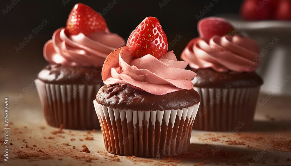 Chocolate cupcakes with strawberry and ganache frosting. Dessert with whipped cream