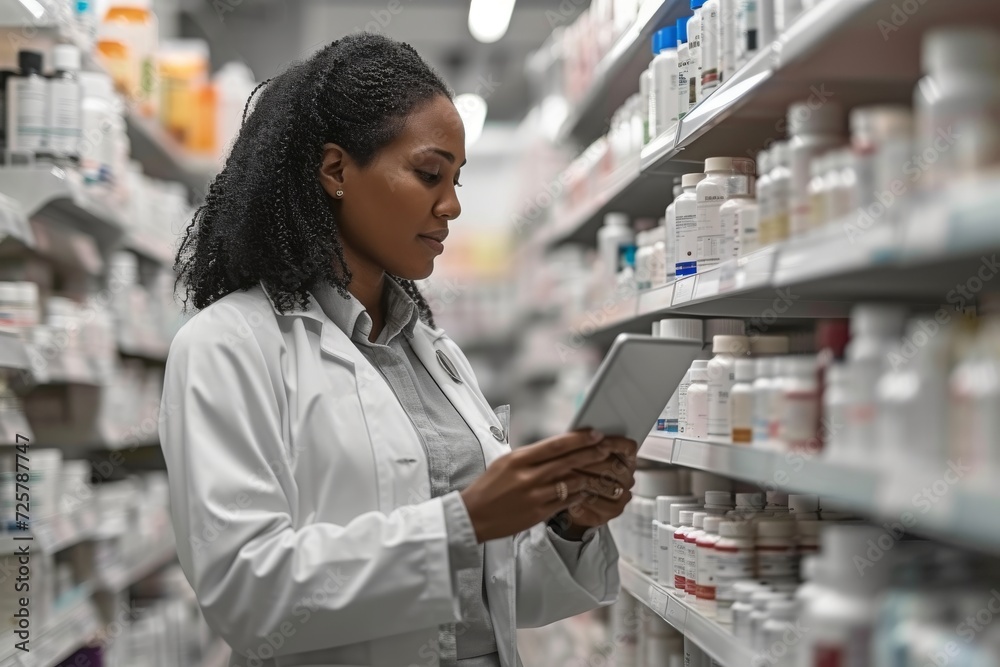 pharmacist looking up a prescription on a tablet - background with rows of drugs