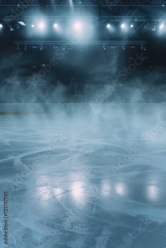 Foggy ice hockey rink with dramatic spotlights. Perfect for capturing the intensity and excitement of a hockey game. Ideal for sports-related designs and marketing materials