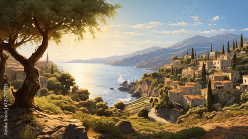  Picturesque scenes of sunlit olive groves along coastal cliffs, with the Mediterranean sea stretching beyond, creating a timeless and serene coastal landscape
