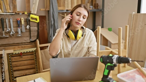 A brunette woman in a carpentry workshop uses a phone and laptop while ear protectors rest around her neck. photo